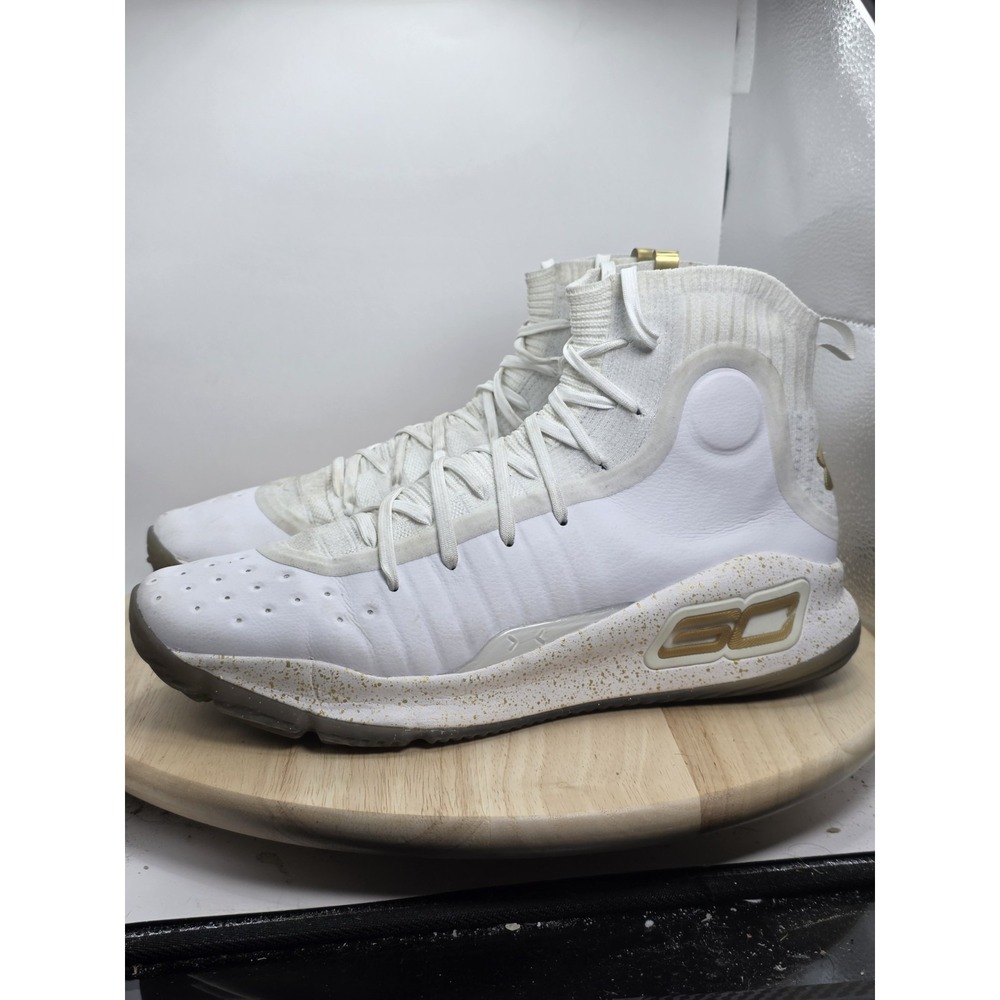 Men Sz 12 - Under Armour Curry 4 Retro White Gold Basketball Shoes 1298306-111